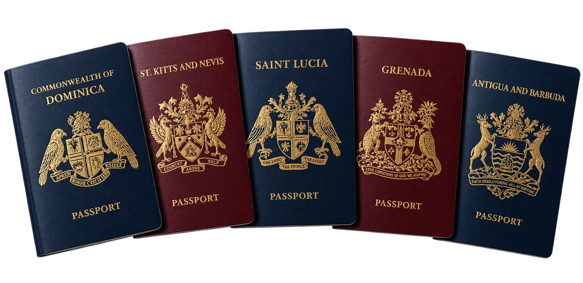 Illustrative passport covers of Dominica, St Kitts and Nevis, Saint Lucia, Grenada, and Antigua and Barbuda