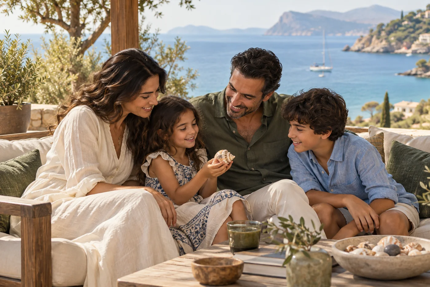 Illustrative family spending time together on a seaside terrace